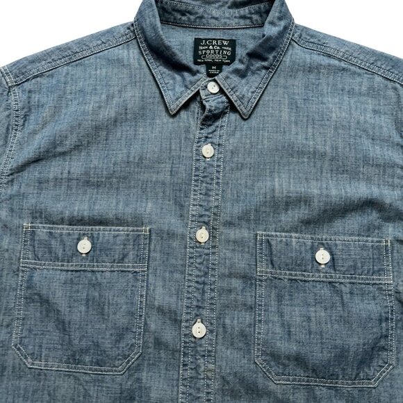 J.Crew Shirt Mens Size M Short Sleeve Chambray Work Pockets Cotton Blue - Picture 2 of 6